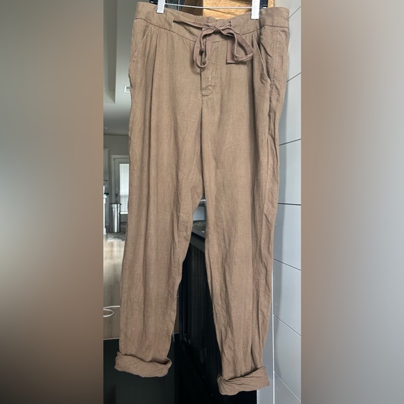 FREE PEOPLE Brown Linen Drawstring Cropped Trousers Boho Office Travel Work Sz 2 - Picture 3 of 10